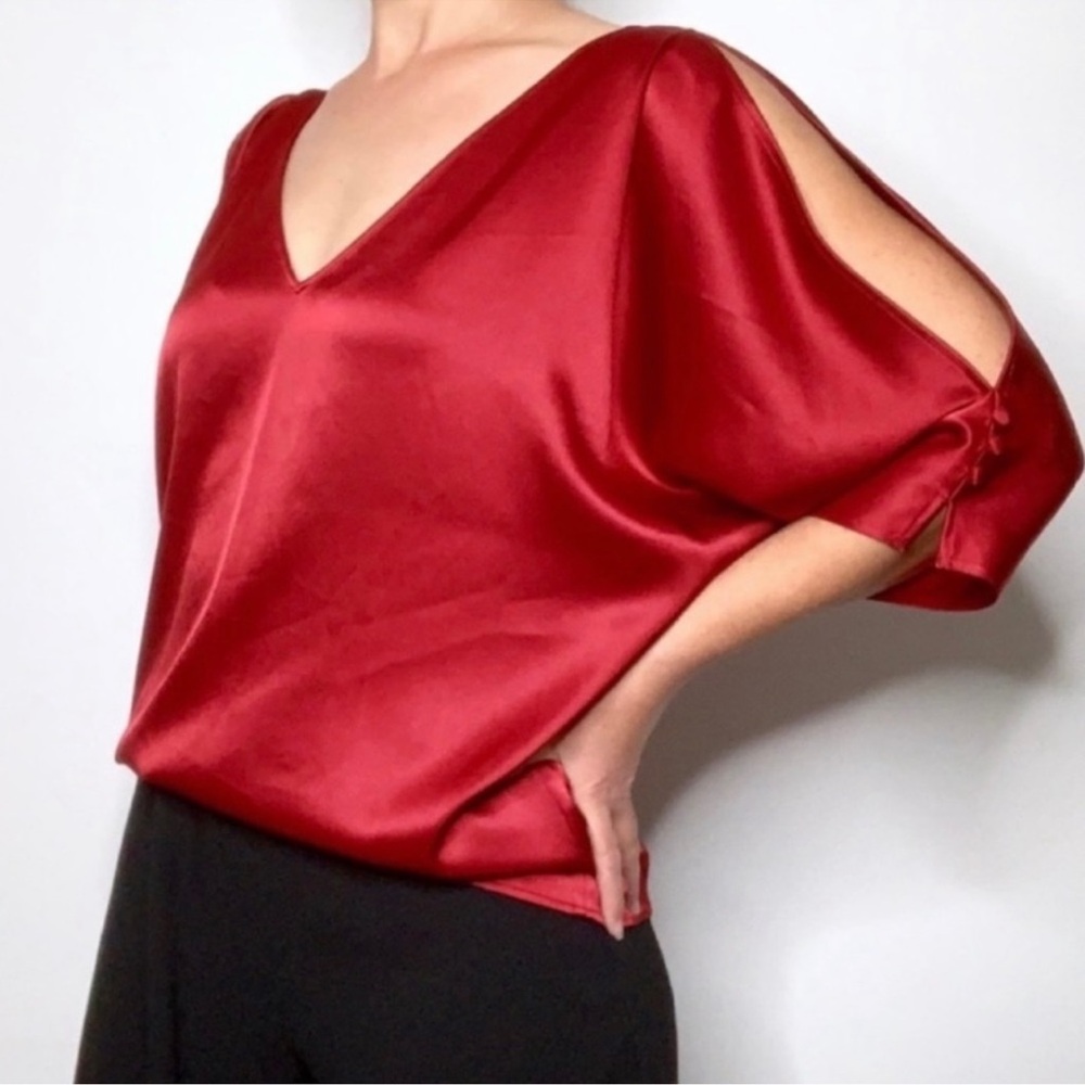 St. John Satin Plunge V Neck Top With Slit Cropped Sleeve Cherry Red Size Small